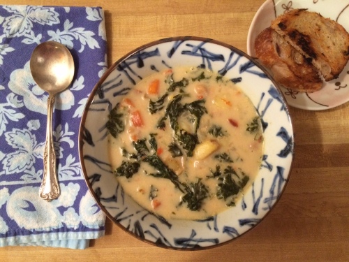 Soup, creamy potato and kale soup